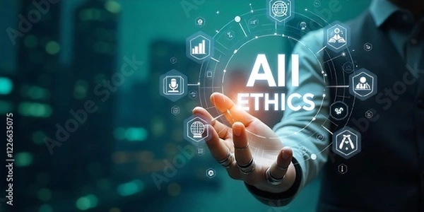 Fototapeta A futuristic interface displaying the text Ai ethics, Created using Generative Ai