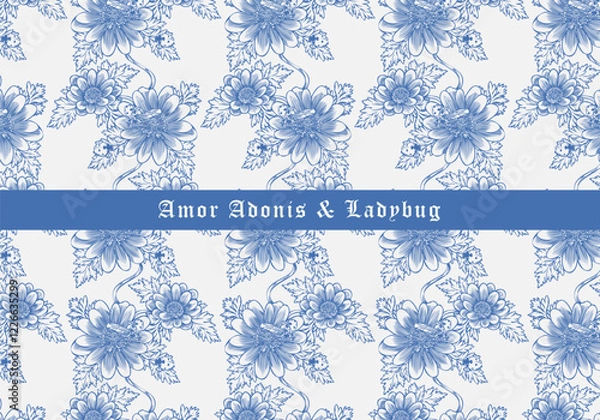 Obraz Hand Drawn Seamless Pattern of Amor Adonis Flowers and Ladybugs