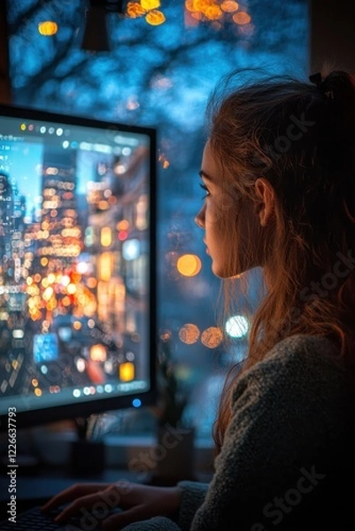 Fototapeta Young woman gazes at city skyline on computer screen during twilight, immersed in digital world