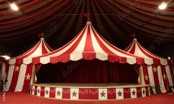 Fototapeta vibrant vintage circus tent with red and white stripes, featuring grand stage adorned with stars, creating nostalgic atmosphere of entertainment and excitement