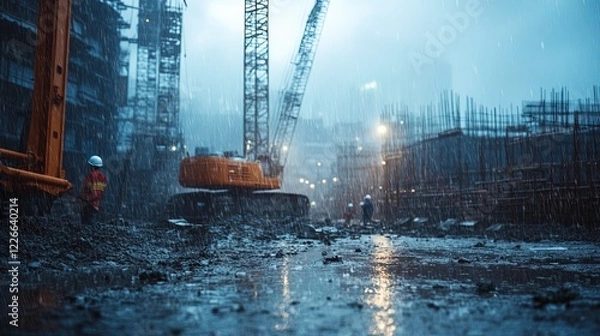 Fototapeta A construction site during a rainstorm, with workers navigating wet conditions, highlighting the challenges of outdoor work 