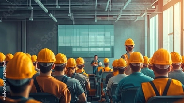 Fototapeta A construction safety training session with workers wearing helmets and safety gear, emphasizing the importance of workplace safety 