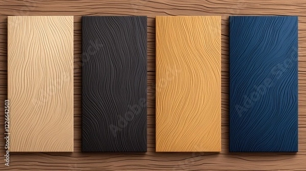 Obraz Four chocolate bars on wood background, product packaging design