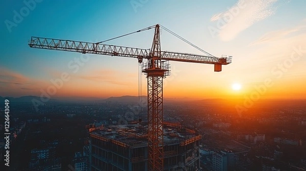 Fototapeta A construction crane silhouetted against a sunset, symbolizing the hard work and dedication of the industry, dramatic and inspiring 