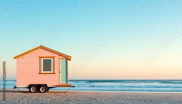 Fototapeta Unique small house design. A charming pink beach house on wheels beside a tranquil ocean under a pastel sky.