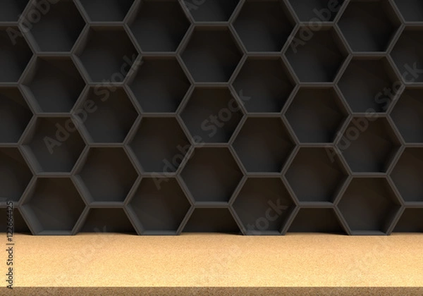 Obraz Wood table and black hexagons background