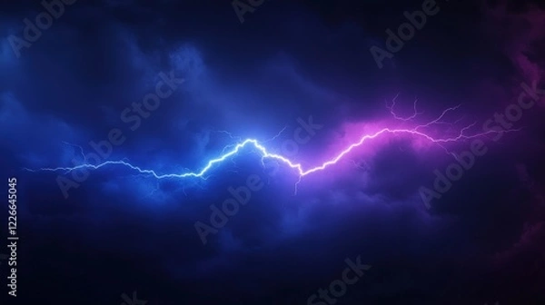 Fototapeta Lightning bolt strikes against a dark sky during a thunderstorm creating a dramatic natural scene
