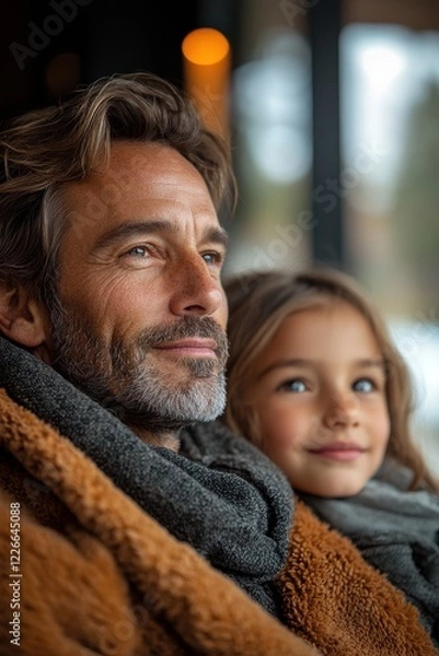 Fototapeta Warm winter afternoon spent by the window with a father and daughter in cozy blankets enjoying each other's company