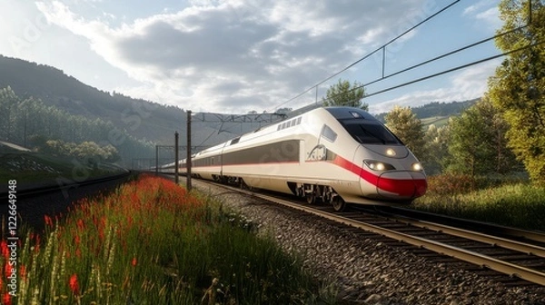 Fototapeta High-resolution view of a high-speed train on a dedicated track, highlighting the specialized rail system and the train's impressive speed capabilities.