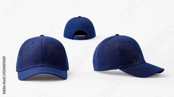 Fototapeta Three hats displayed on a white background including a blue baseball cap mockup in angled views