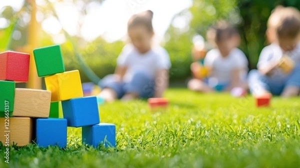 Fototapeta Group of children playing with colorful building blocks on green grass outdoors in a sunny environment