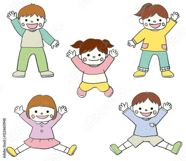 Fototapeta 手描きの元気で可愛いこどものイラストセット