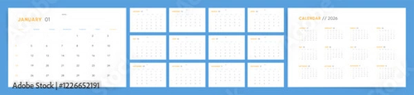 Obraz 2026 Calendar template design. Week starts on Sunday office calendar. Desktop 2026 planner in minimalism clean style. Corporate classic simple calendar. English vector calendar layout.