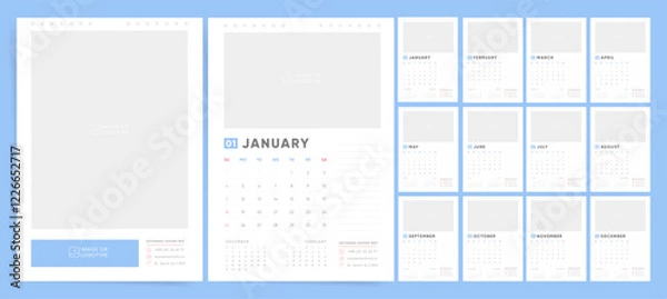 Fototapeta Calendar template for 2026 year. Week starts on Sunday. Wall planner with photo image. Corporate or business calendar. 2026 calendar in minimal business style for. English vector calendar.