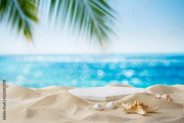 Fototapeta Tropical sand beach with marble podium for summer product display on blurred sea horizon background