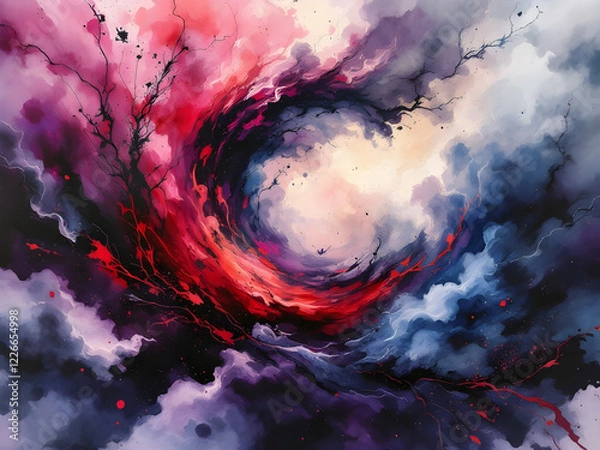 Obraz Black, Dark Purple, Red, Burgundy, Wine, Magenta, and Maroon Watercolor Abstract Background with Chaotic Stains and Smoky Fog – Generated by AI.