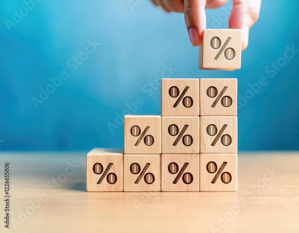 Fototapeta Hand-picked wooden blocks with percentage symbols and up arrows. Interest rates and dividends. Returns on stocks and mutual funds. Long-term investing for retirement