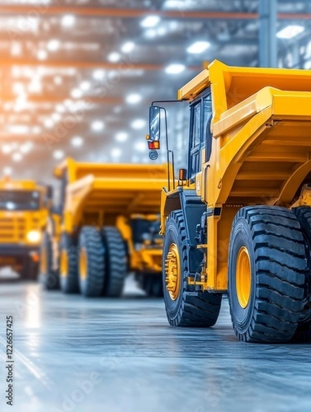 Fototapeta Heavy-duty yellow dump trucks lined up in a spacious warehouse with bright overhead lights