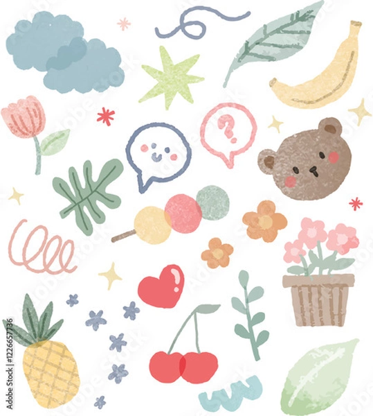 Fototapeta Cute Kid Flower, bear, fruit, leaf and Cloud Illustration. Hand-Drawn Doodle Sketch with Summer Theme. Fun Children’s Vector Background with Playful Line Art for School and Patterns.