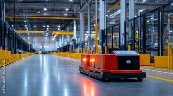 Fototapeta Automated guided vehicle navigating a spacious warehouse with bright lighting and organized shelves