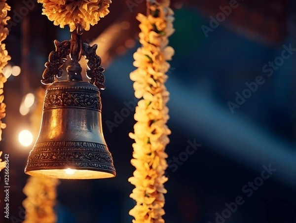 Fototapeta Glowing Brass Bell Illuminates Darkened Temple Scene in Tranquil Oriental