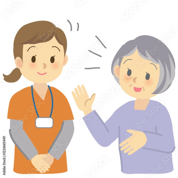 Obraz 訪問看護の現場＿シニア世代の利用者から相談され傾聴する看護スタッフ（バストアップ）
