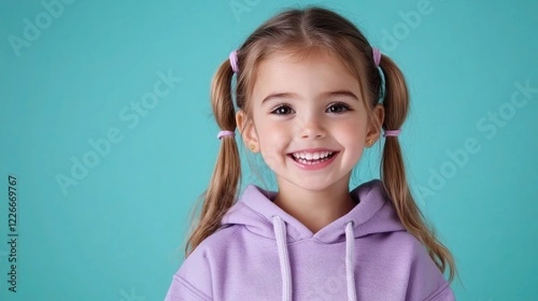 Fototapeta Happy girl portrait, turquoise background, child smiling, studio shot, website use