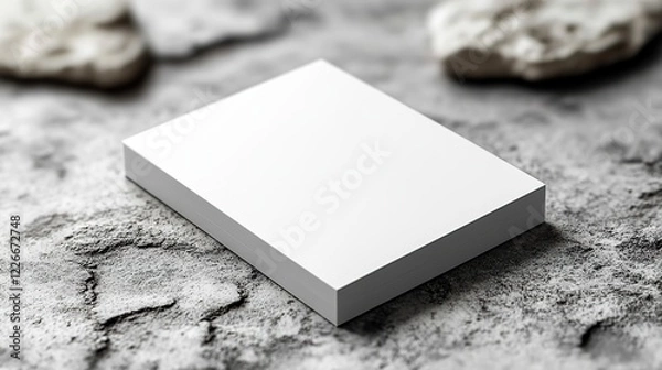 Obraz a closeup of empty white rectangle business card mockups lying diagonally on a neutral grey concrete background, flat lay, isometric view, open composition, blank template for corporate identity