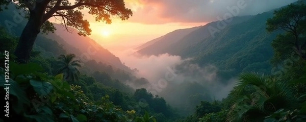 Obraz Jungle vegetation emerges from the dense fog at dawn, trees, tropical