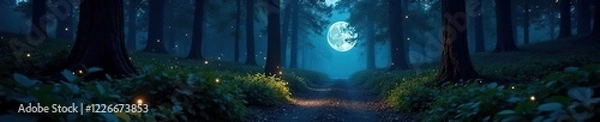 Obraz Nocturnal forest path illuminated by moonlight and fireflies, undergrowth, forest, ambiance