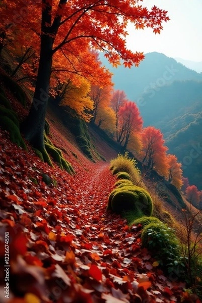 Obraz Steep hillside covered in a tapestry of autumn leaves and branches, fall, trees, nature