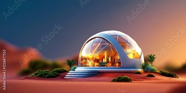 Obraz A futuristic dome-shaped building in a desert landscape, featuring large glass windows and a warm, inviting interior. Concept Futuristic Architecture, Dome-Shaped Structures, Desert Aesthetics
