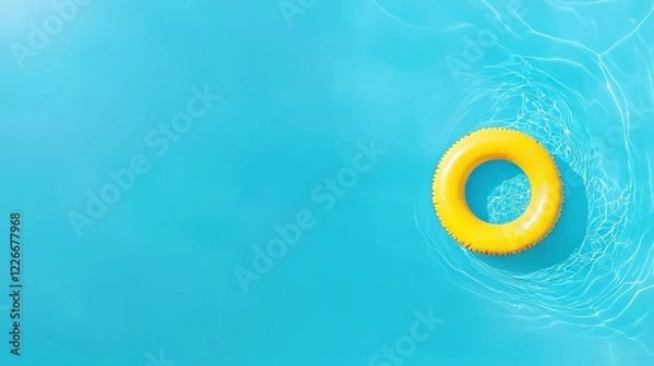 Fototapeta Top view of a yellow inflatable rubber ring floating in a clear swimming pool water