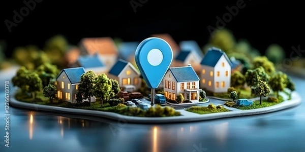 Fototapeta A miniature model of a neighborhood with houses and a large location pin marking a specific spot. Concept Miniature Neighborhood Model, Detailed House Designs, Location Pin Significance