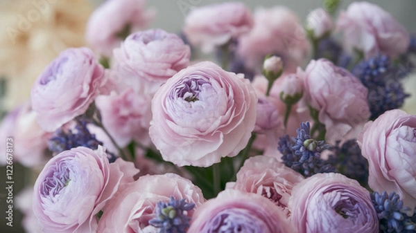 Fototapeta  Bouquet of pale pink flowers with lavender hints, featuring soft ruffled petals and scattered green buds. Set against a creamy blurred background, the dreamy pastel palette evokes calmness