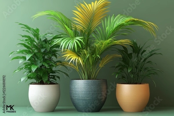 Fototapeta 3D render of three potted plants, featuring a blue and yellow palm tree with long leaves in the center, simple design, isometric view, green background, low poly.