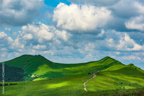 Fototapeta Bieszczady Mountains, Połonina Wetlińska, beautiful clouds in the sky