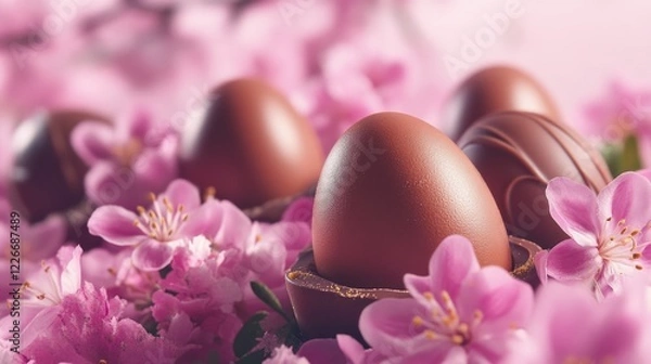Fototapeta A bunch of chocolate eggs are sitting on top of pink flowers. The eggs are surrounded by the flowers, creating a beautiful and romantic scene. The chocolate eggs are a symbol of love and affection