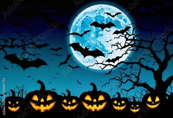 Fototapeta Spooky Halloween scene with carved pumpkins, bats, and a full moon in a dark sky