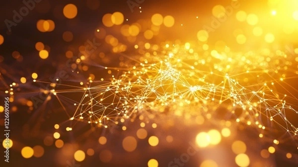 Fototapeta Abstract technology background featuring glowing golden network connections and bokeh effects. Represents digital innovation, artificial intelligence, data, and futuristic connectivity. Ideal for tech