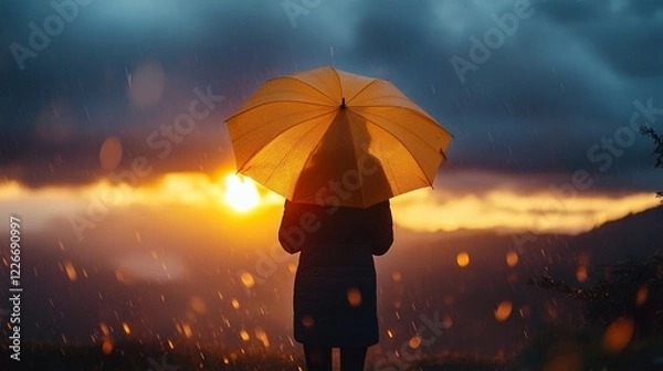 Obraz Silhouette of a person holding a vibrant yellow umbrella during a rainstorm, framed against a dramatic sunset sky. Evokes emotions of resilience, solitude, and serenity, ideal for themes of weather