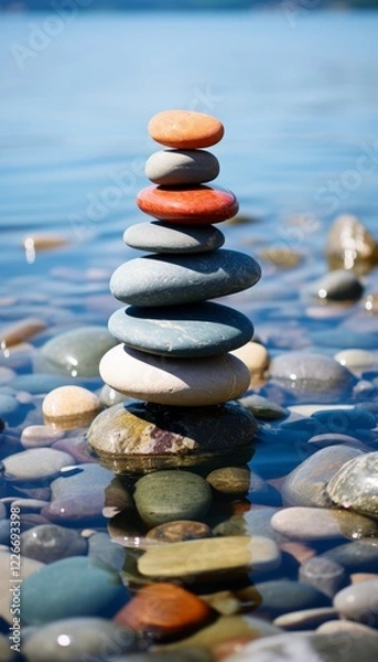 Obraz A symbolic scale made of stones balanced on a serene sea background. The scene represents harmony and balance, conveying the concepts of work life balance and emotional well being. 
