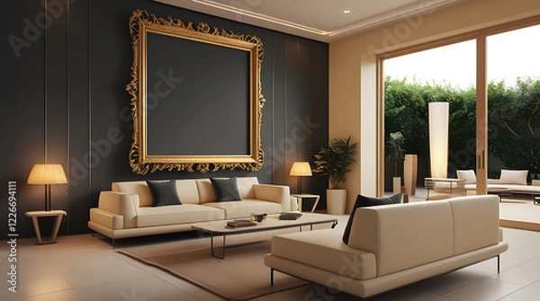 Fototapeta "Modern Living Room Interior with ISO A Paper Size Poster Mockup – Elegant 3D Render Design"