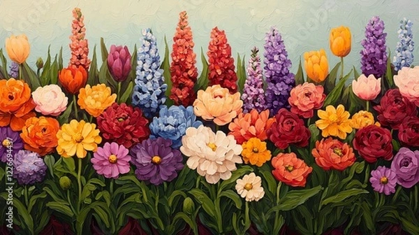 Fototapeta Easter Sunday flower garden, panoramic view of blooming flowers in vivid spring colors, inspiring and tranquil