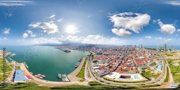 Obraz Batumi Georgia Dron image with 3D spherical air panorama with 360 degree viewing angle. Old Town. Alphabet tower. Ready for virtual reality in vr. Full equirectangular projection.
