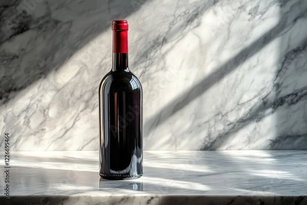 Fototapeta Elegant red wine bottle on a marble surface with soft shadows and natural lighting