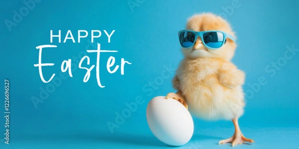Obraz happy easter concept holiday greeting card with text - Cool cute chick with sunglasses and easter egg, isolated on blue background