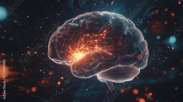Fototapeta An abstract depiction of the human brain with glowing neural connections and energy patterns against a dark, cosmic backdrop, Futuristic style