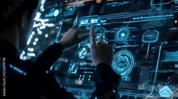 Fototapeta Person interacting with a futuristic holographic display in a dark environment