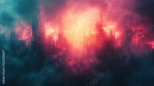 Fototapeta Abstract glitch art background with green, pink, and blue fragmented textures evokes a retro-futuristic cyberpunk aesthetic.